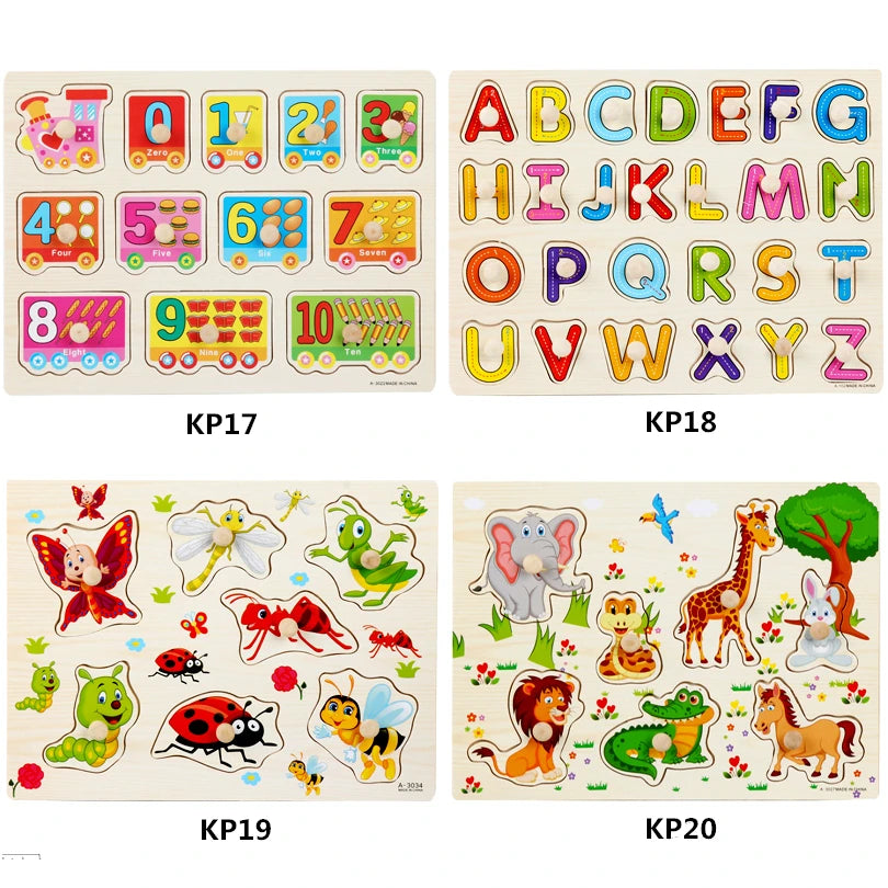 30cm Baby Toys Montessori Wooden Puzzle Hand Grab Board Educational Wood Puzzles for Kids Cartoon Animal Vehicle Child Gift