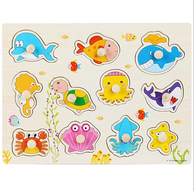 30cm Baby Toys Montessori Wooden Puzzle Hand Grab Board Educational Wood Puzzles for Kids Cartoon Animal Vehicle Child Gift