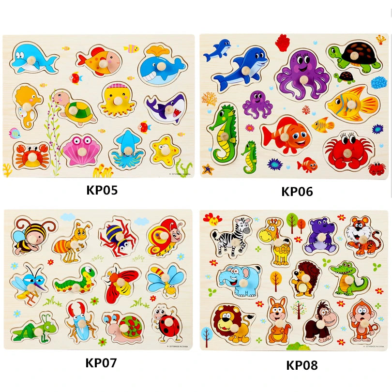 30cm Baby Toys Montessori Wooden Puzzle Hand Grab Board Educational Wood Puzzles for Kids Cartoon Animal Vehicle Child Gift