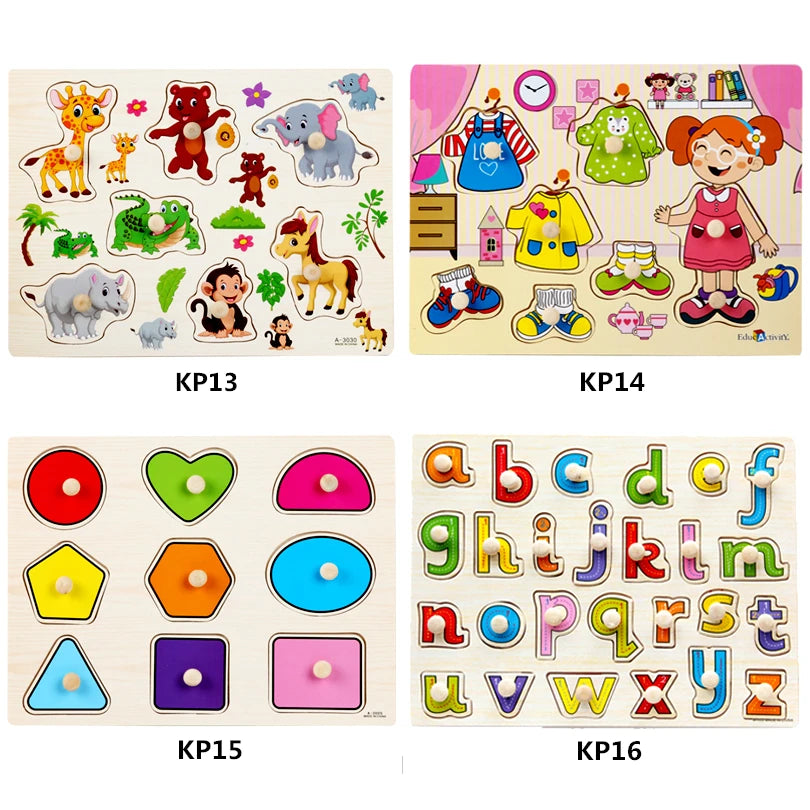 30cm Baby Toys Montessori Wooden Puzzle Hand Grab Board Educational Wood Puzzles for Kids Cartoon Animal Vehicle Child Gift