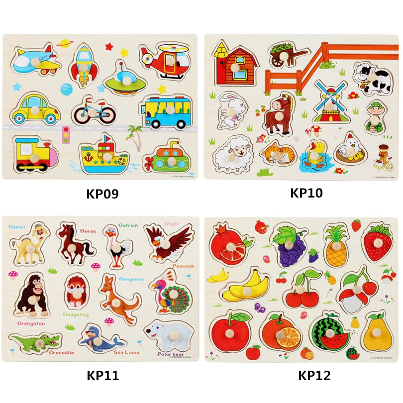 30cm Baby Toys Montessori Wooden Puzzle Hand Grab Board Educational Wood Puzzles for Kids Cartoon Animal Vehicle Child Gift